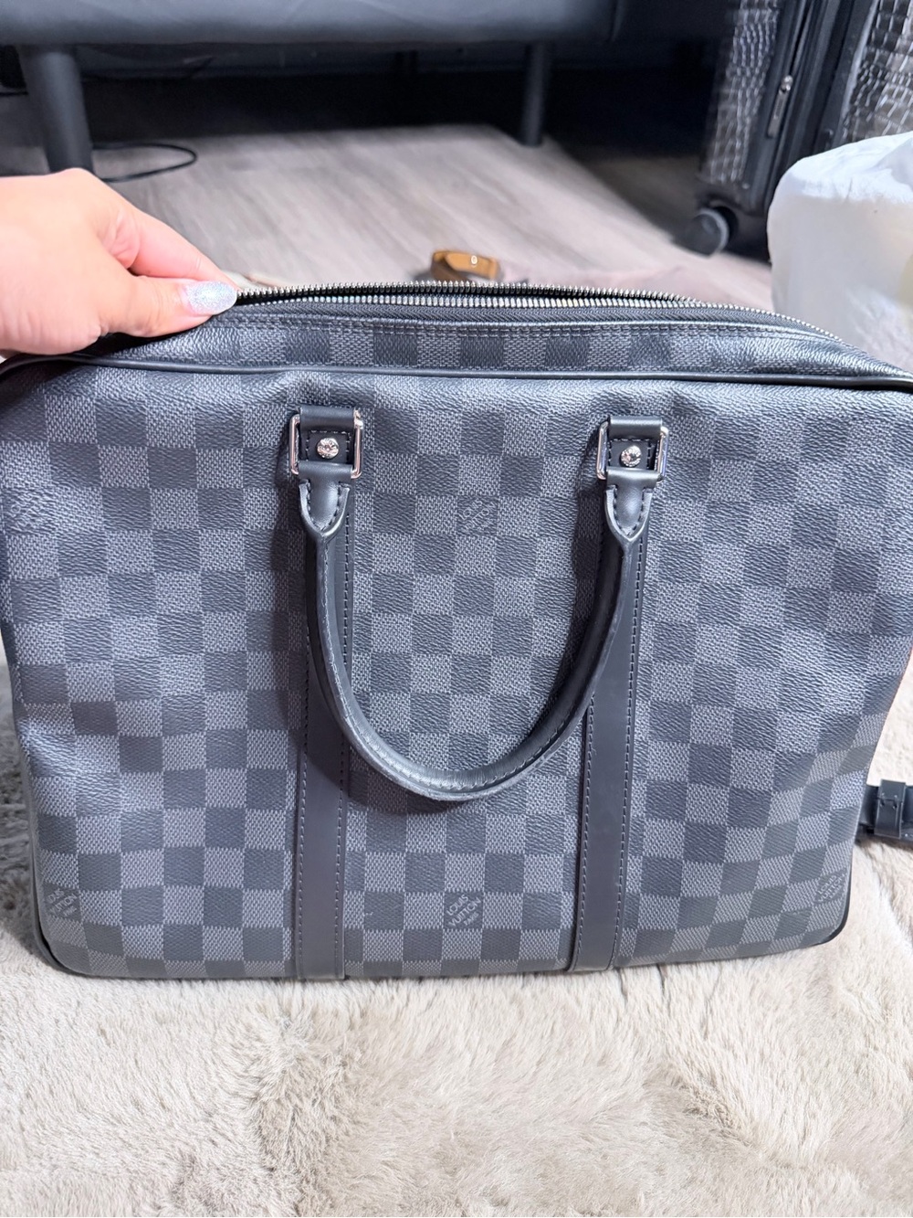 Men's Checker-Pattern Gray Briefcase Tote - Luxury Style
